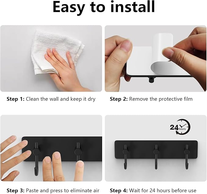 HUFEEOH No-Drill Adhesive Wall Rack with 3 Hooks, Stainless Steel Towel Hanger for Mounting, Key Hooks Hat Holder for Bathroom, Kitchen, Entryway, Bedroom (1 Pack) (Black)