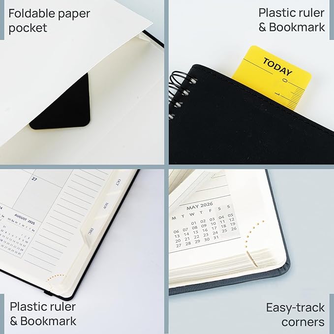 POPRUN 2026 Daily Planner One Page per Day (Medium 6'' x 8.5'') - 12 Months Calendar Appointment Book with Hourly Slots, Inner Pocket, Monthly Tabs, Pen Holder - Midnight Green
