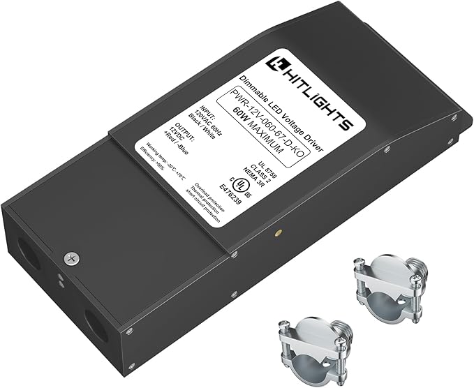 HitLights Dimmable LED Driver 60W 12V DC, 120V AC Input to 12V DC Output, Class 2, Compatible with Lutron and Leviton, Constant Voltage, Bare Wire Connections, UL Listed, Made in USA