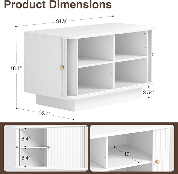 Fluted Entryway Bench with Shoe Storage, 31" W Small Shoe Bench with Sliding Door, Mud Room Benches with Seat, Upholstered Wooden Rack Organization for Living Room, Apartment, Dorm, White