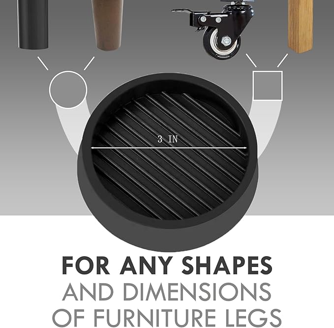 3X3 Round Rubber Caster Cups, Non Slip Furniture Pads, Anti-Slip Gripper, Anti Skid Furniture Feet, Anti Slide Floor Protector for Bed Couch Table Chair Stoppers - Black, 4 Pack