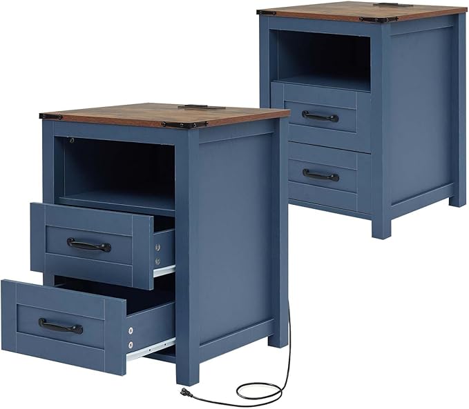 Blue Night Stand Set of 2, Rustic End Table with Charging Station, Farmhouse Tall Nightstand for Bedroom, Drawer Dresser Bedside Table with Open Storage Shelf