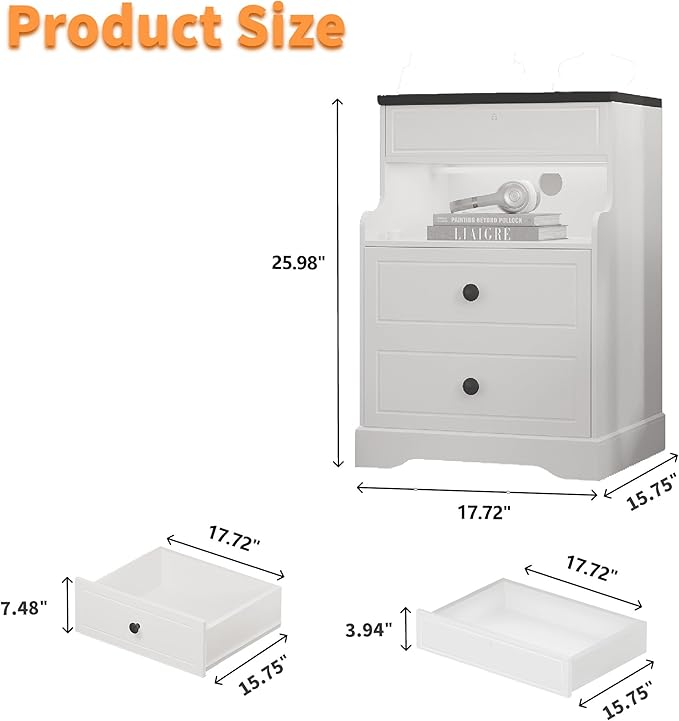 Night Stand with Charging Station,Bedside Table with 2 Drawers,Farmhouse End Table and Nightstand,Small Side Table for Bedroom,Living Room (White-Magnetic Locking, 1-Pcs)