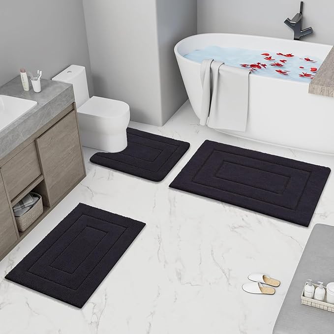 Buganda Bathroom Rugs, 47" x 20", Soft and Absorbent Microfiber Bath Rugs, Non-Slip Shaggy Shower Carpet, Machine Wash Dry Bath Mats for Bathroom Floor, Tub and Shower, Black