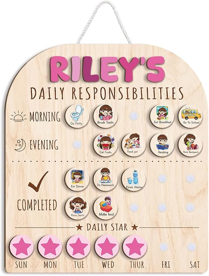 Personalized Wooden Chore Chart for Kids 15x17", Visual Schedule, Routine Chart for Kids, Morning Bedtime Routine Chart for Toddlers Ages 2-4, Daily Kids Schedule Board for Home (11)