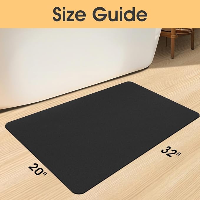 Ultra Thin Bath Mat, Upgrade Backing Non Slip Thin Bath Mats Fit Under Door, Quick Dry Ultra Absorbent Bathroom Rugs, Machine Washable Bath Rugs for Bathroom, Bathtub & Kitchen, Black/Solid/32"x20"