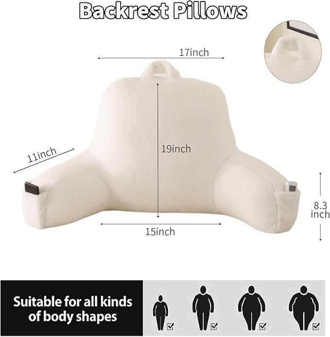 Reading Pillow for Sitting in Bed, Large Backrest Reading Pillow with Arm Rest,Back-Rest Support Cushion for Sit Up on Couch, Sofa, and Floor, Dorm Essentials (White Faux Fur, Large(19"))