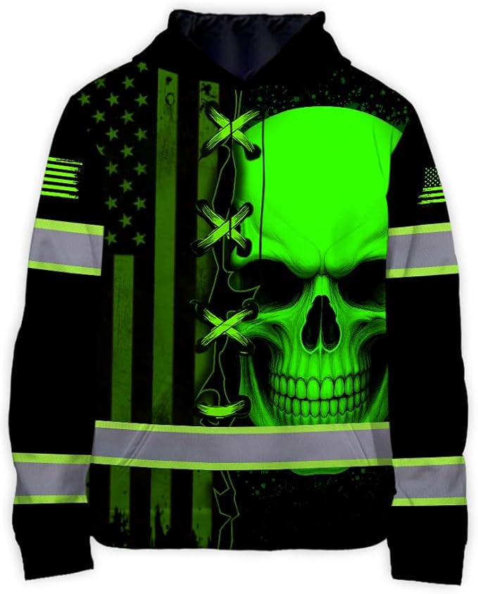 Matedecor Skull US Flag Reflective High Visibility Hoodie For Men Construction Hi Vis Safety Workwear Custom Name