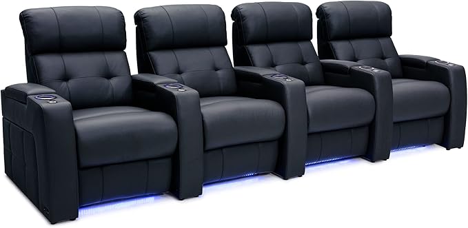 Seatcraft Kodiak Zero-Gravity CoolZero Italian Leather Home Theater Seating, Powered Headrest, Powered Lumbar, Powered Recline, Row of 4, Black