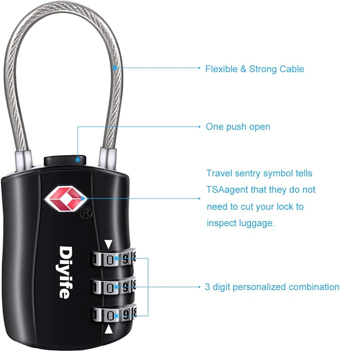 TSA Luggage Locks,[3 Pack] Diyife TSA Approved Cable Luggage Locks,Suitcase Padlocks,Luggage Locks, 3 Digit Resettable Combination Locks with Alloy Body for Travel,Bags,Suitcase
