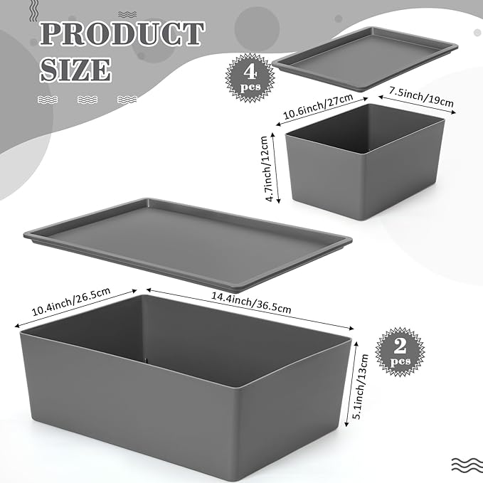 Menkxi 6 Pcs Plastic Storage Bins with Lids Stackable Storage Containers Durable Box Baskets for Organizing Shelves Playroom Classroom Office (Large and Small,Grey)