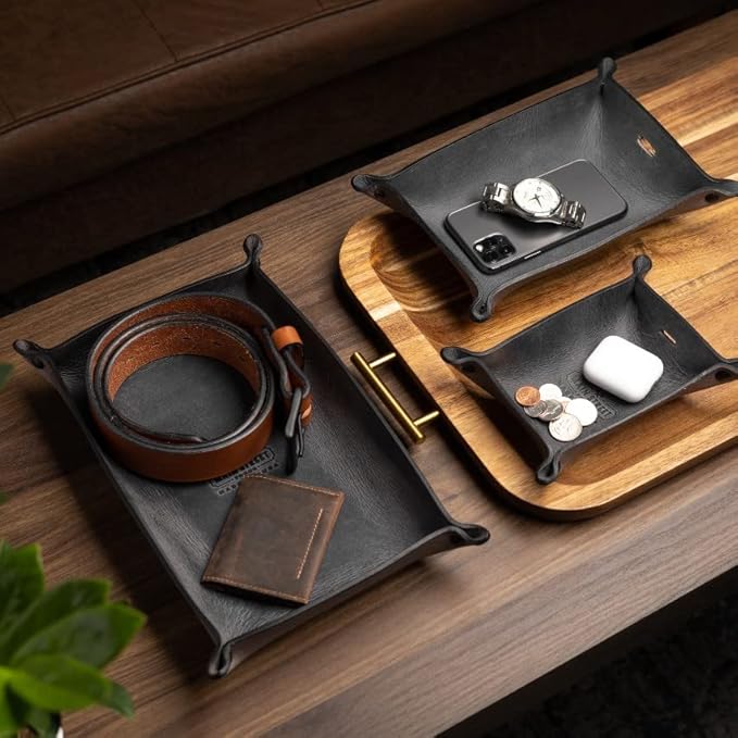 Main Street Forge Leather Valet Tray for Men – Rustic EDC Organizer for Keys, Phone & Wallet – Made in USA - Charred Oak