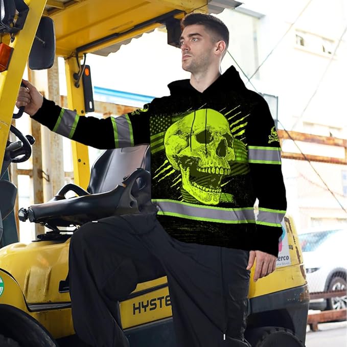Matedecor Skull US Flag Reflective High Visibility Hoodie For Men Construction Hi Vis Safety Workwear Custom Name