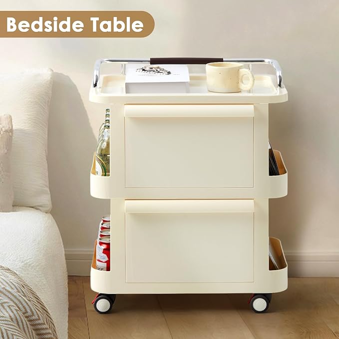 2-Tier Rolling Cart with Drawers - Mobile Storage Rolling Cart with Open Shelves, Lockable Casters, Multi-functional storage for Kitchen, Bathroom, Craft, Bedroom, Beige