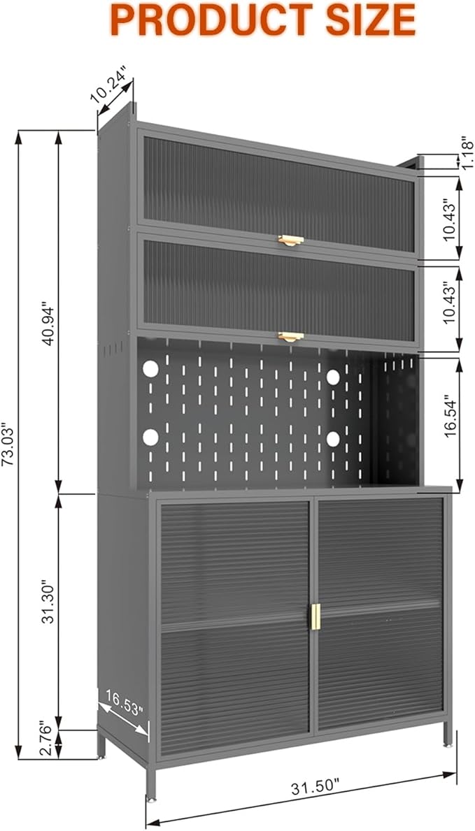 73'' Tall Kitchen Pantry Cabine, 6 Level Flip Door with Pegboard Spacious, Adjustable & Stylish Metal Pantry Storage Cabinet, Anti-Tip Design Hutch for Kitchen Dining Room Living Room, Gray