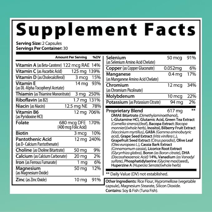 Brain Supplements for Memory and Focus for Women and Men, Focus Supplement, Memory Supplement for Brain, Nootropic with Boron, Huperzine A, Phosphatidylserine (40-in-1, 60 Capsules)
