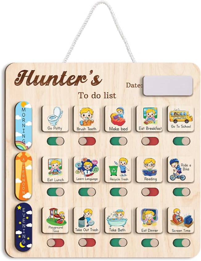 Personalized Wooden Daily Routine Chart 11.8x11.8", Visual Schedule, Chore Chart for Kids, Morning Bedtime Routine Chart for Toddlers (09)