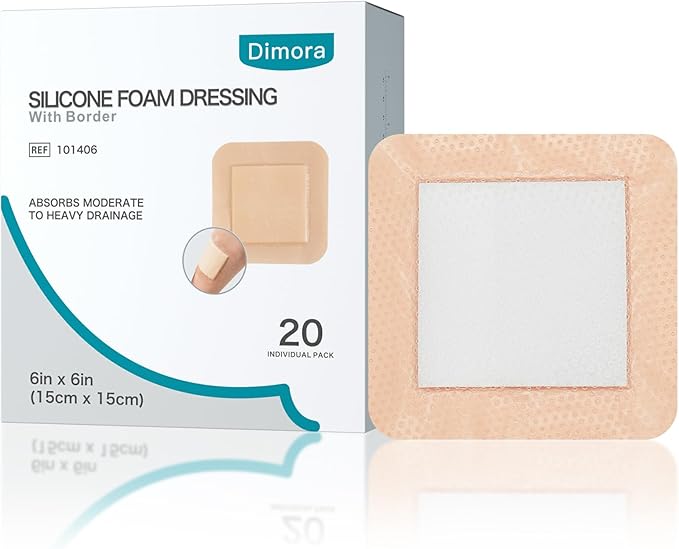 Dimora Silicone Foam Dressing with Border Adhesive 6"x6" Waterproof Wound Dressing Bandage for Wound Care 20 Pack