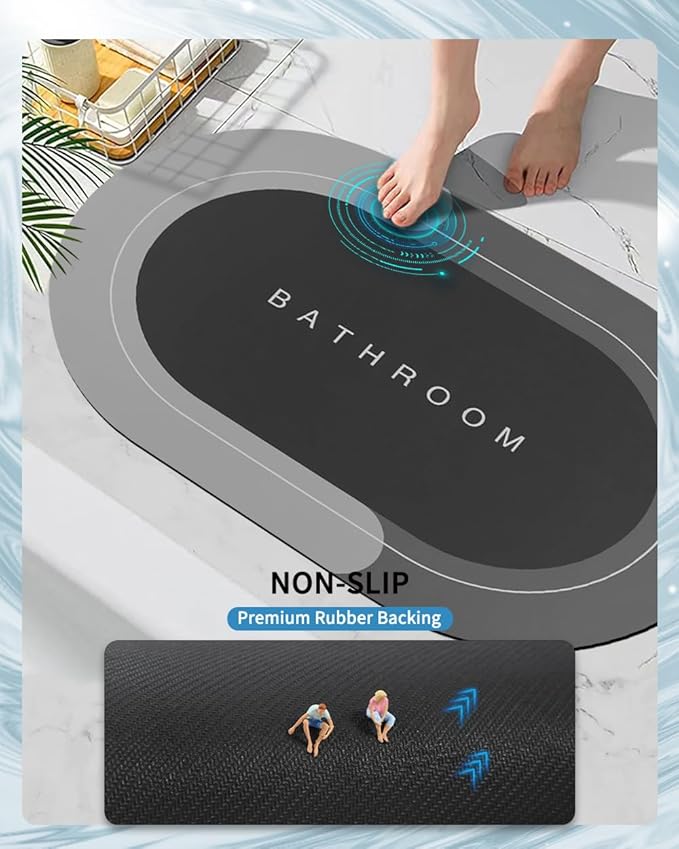 Bath Mat, Bathroom Mat Rugs Super Absorbent Shower Mats Non Slip Quick Dry Thin Rubber Mats for Bathroom Floor Fit Under Door, Shower Rug for Bathtub, Shower, Dark Grey