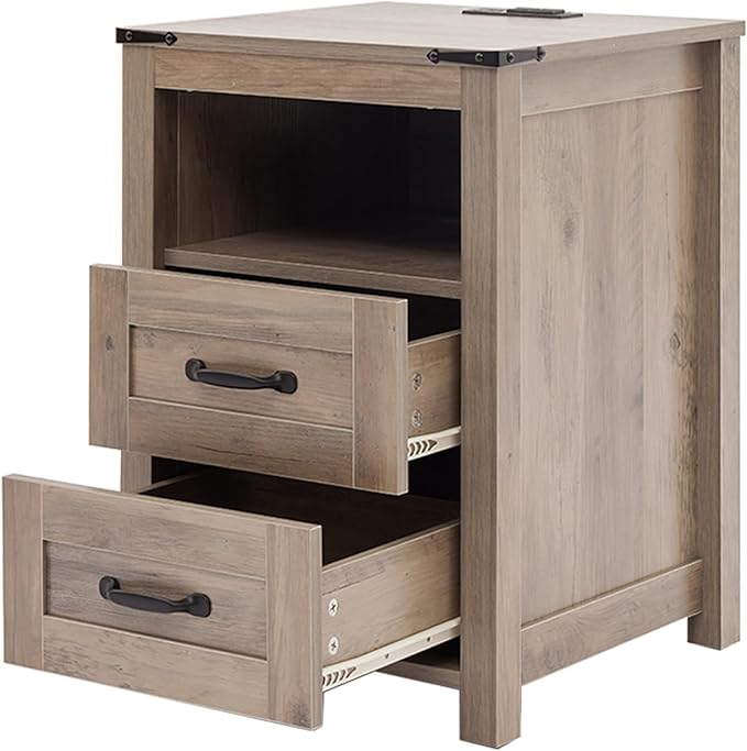 Sierra Night Stand Set of 2, Rustic End Table with Charging Station, Farmhouse Tall Nightstand for Bedroom, Drawer Dresser Bedside Table with Open Storage Shelf
