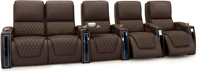 Seatcraft Apex Zero-Gravity CoolZero Italian Leather Home Theater Seating, Powered Headrest, Powered Lumbar, Powered Recline, Row of 5 Left Loveseat, Brown