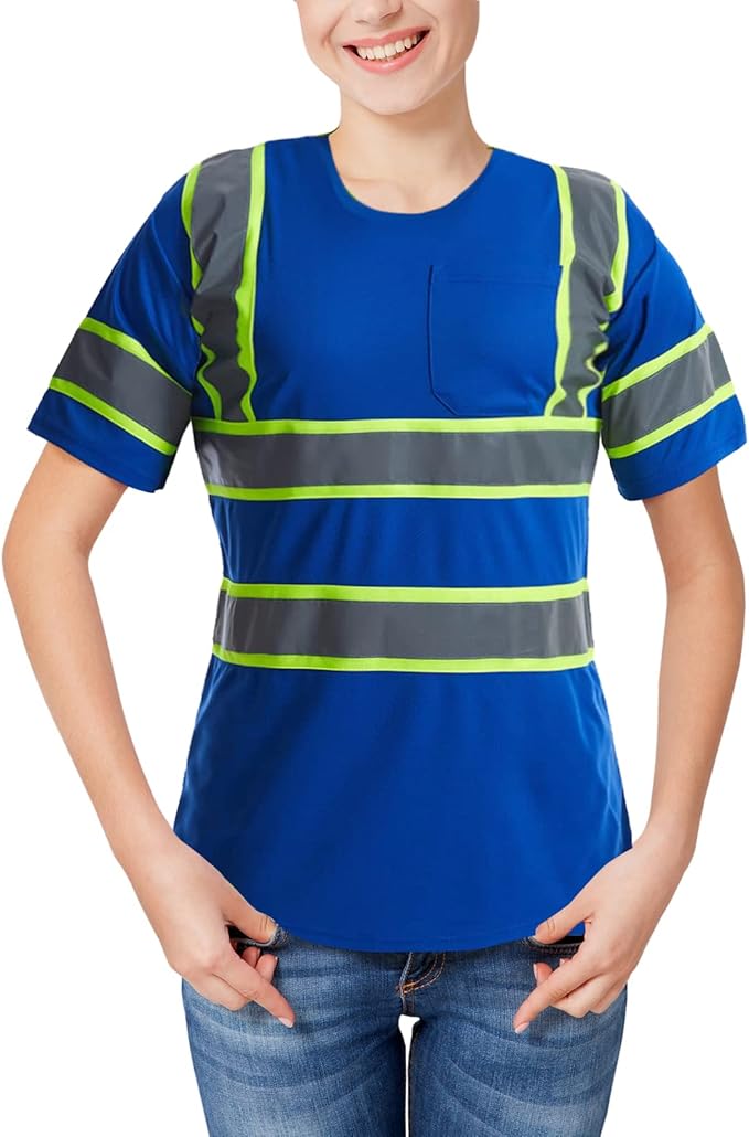 High Visibility Shirts Quick Dry Safety T Shirts with Reflective Strips and Pocket Short Sleeve Mesh Hi Vis Construction Work Class 2 Shirt for Men/Women Blue,Large