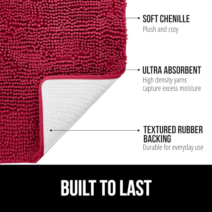 GORILLA GRIP Bath Rug Mat, Thick Soft Absorbent Chenille, Quick Dry Microfiber Mats, Rubber Backing Washable Shower Floor Rugs, US Designed Bathroom Bathmat Home Decor Accessories, 24x17, Red