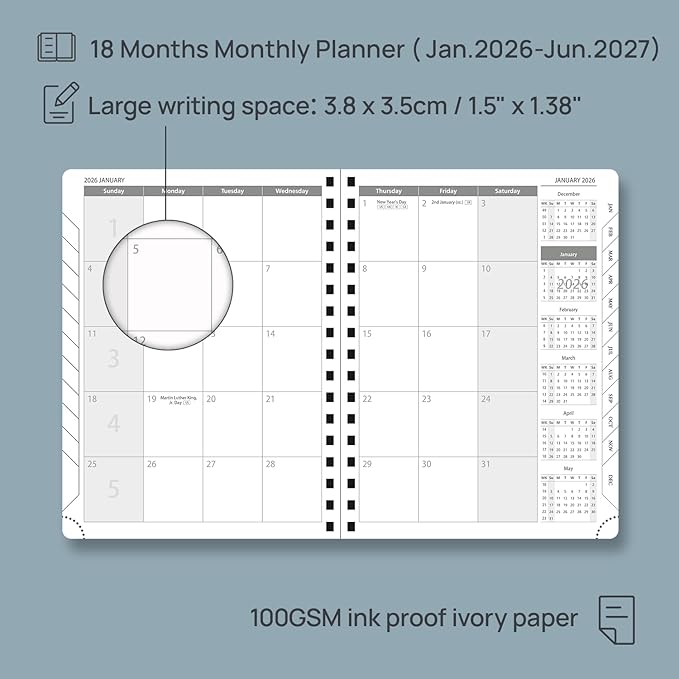 POPRUN Monthly Planner 2026-2027 (Medium 6.5" x 8.5") 18 Months Calendar (Jan 2026 - Jun 2027) - 4 Pages per Month with Expense & Notes, Stair-like tabs, Leather Cover, Sunday Starts - Green