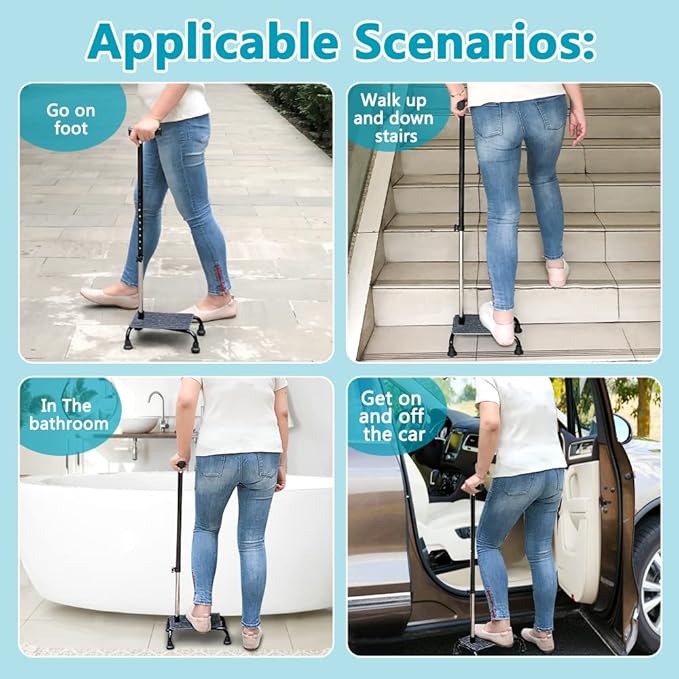 Stair Climbing Cane Half Step Stair Walker Aid Devices Stairway Lift for Elderly Seniors Assist Helper Adjustable 4 Pronged Quad Base Balance Stability Walking Sticks