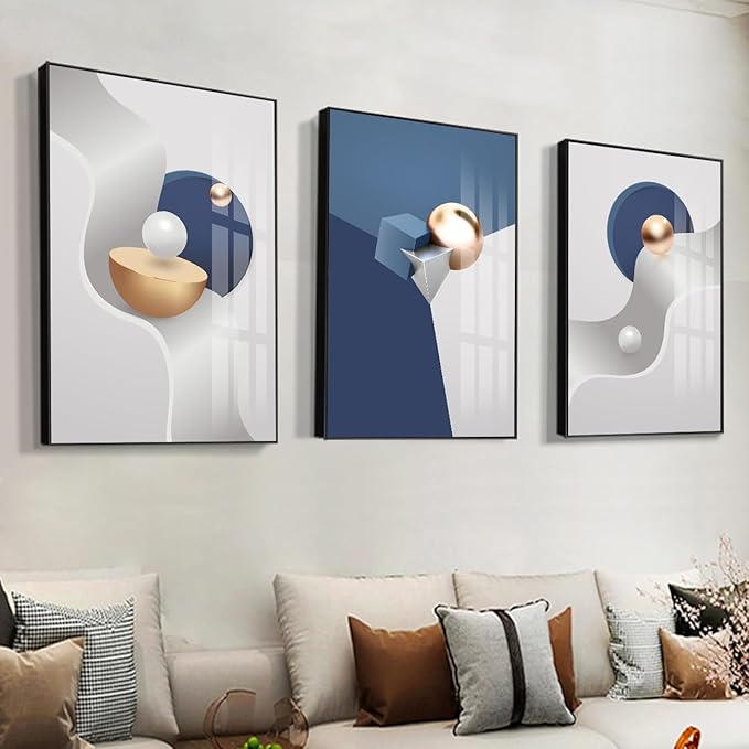 QKF Black Framed Large Wall Art Decor Living Room Geometry Abstract Decorative Painting Bedroom Room Bathroom Blue,Gray White Bright Modern Home art Office Restaurant Wall Canvas Posters & Prints 3