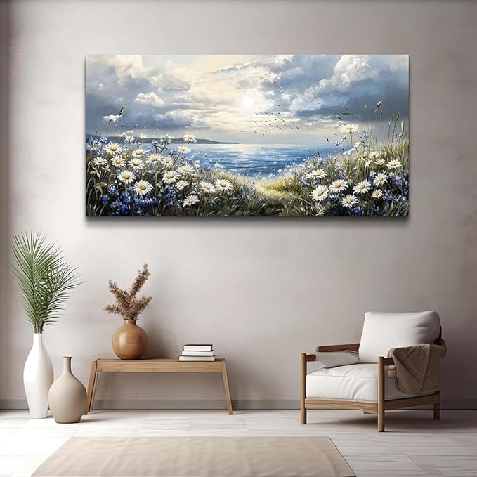 KELIYUAN Large Canvas Wall Art For Living Room Bedroom Wall Decor Home Office Blue Mediterranean Garden Landscape Painting Room Bathroom Dining Room Prints Artwork Picture Wall Decoration 20x40 In