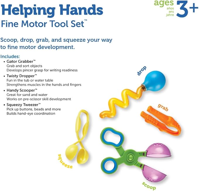 Learning Resources Helping Hands Fine Motor Tool Set Toy - Sensory Bin Sand Toys, Montessori, Plastic Tweezers, Therapy Games For Toddler, Homeschool Preschool Supplies