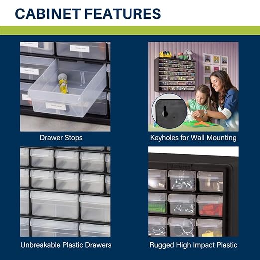 Akro-Mils 44-Drawer Plastic Drawer Storage Cabinet for Garage Organization, Bead Organizer, Building Bricks Storage, Teacher Toolbox, Makeup Organizer, 20-Inch W x 6-Inch D x 16-Inch H, 10144 Black