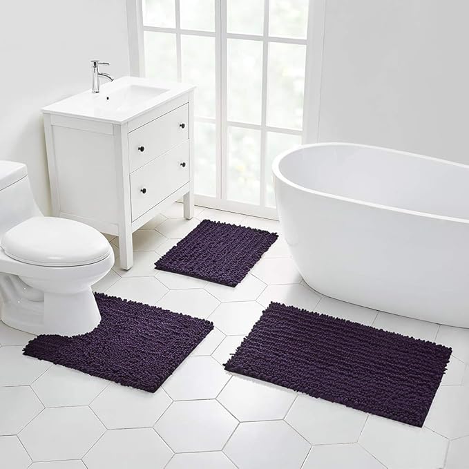 Walensee Bathroom Rug Non Slip Bath Mat (36x24 Inch Dark Purple) Water Absorbent Super Soft Shaggy Chenille Machine Washable Dry Extra Thick Perfect Absorbant Best Large Plush Carpet for Shower Floor