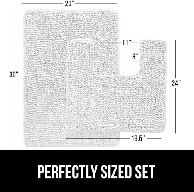 GORILLA GRIP Bathroom Rug Sets, Soft Chenille 2 Piece Area Rugs Set, Toilet Base Mat and 30x20 Carpet, Absorbent Microfiber Washable Mats Dry Quickly, Home Décor and Bath Room Accessories, White