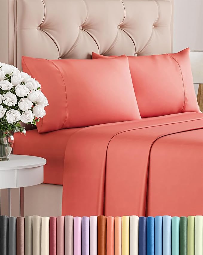 Twin XL 4 Piece Sheet Set - Cooling & Breathable Bed Sheets - Hotel Luxury Bed Sheets for Women, Men, Kids & Teens - Bedding with Deep Pockets & Easy Fit - Soft and Wrinkle Free - Twin XL Coral Sheets