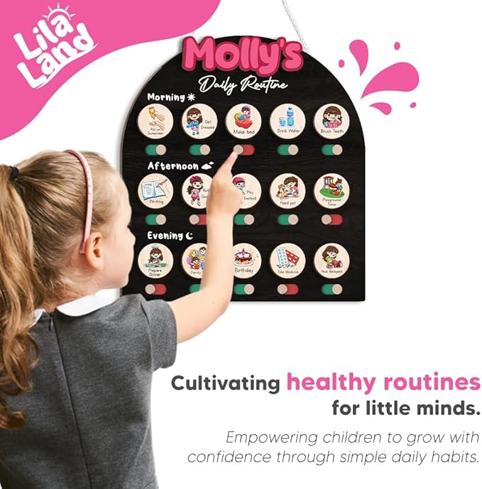 Personalized Wooden Chore Chart for Kids, Daily Routine Chart for Toddlers, Visual Schedule for Kids Age 3-5, Morning Bedtime Routine for Girls (08)