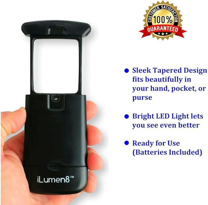 Best Pocket Magnifying Glass by iLumen8-3X Small Magnifier with Lights. Great for Seniors, Kids, Travel. Fits into Purse or Pocket Read Maps, Menu, Jewelry, Coins Hobby Stamps. Lighted Low Vision Aid