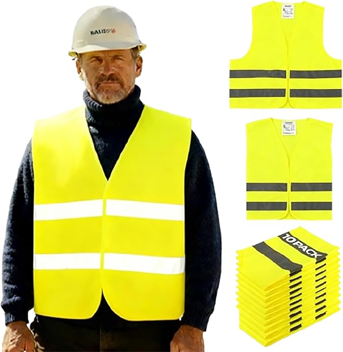 10 Pack Yellow Safety Vests, Bulk High Visibility Vest for Men / Woman, Adult Reflective Running Vest, Wholesale Work Vests For Construction, Running, Security, Cycling, Warehousing, Municipal