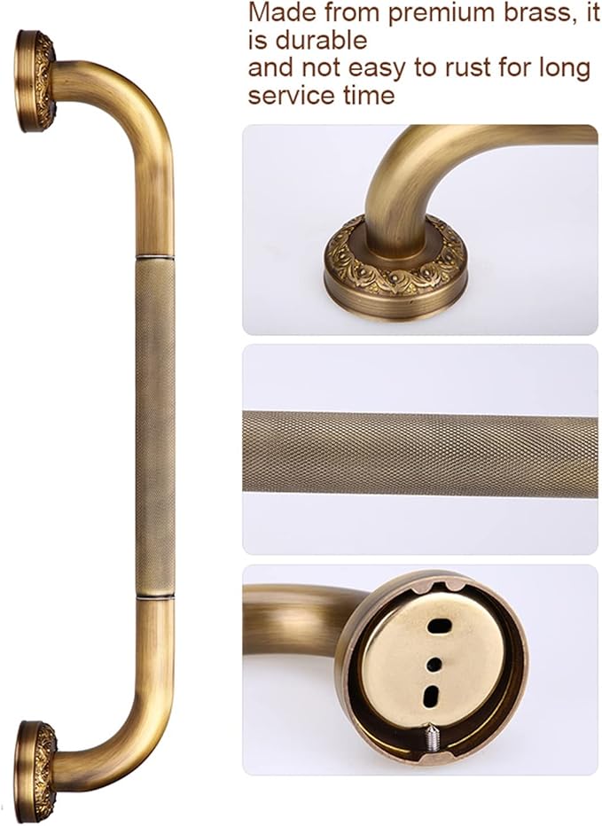 Shower Grab Bar, 19.09x3.54x2.4in Antique Style Brass Carved Shower Tub Safety Grab Bar Anti Slip Safety ShowerHandle Wall Mounted Bathroom Accessories for Bathtub Hand