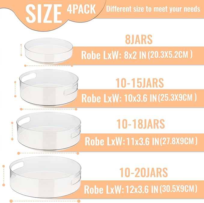 4 Pack Lazy Susan Organizer for Cabinet：Lazy Susan Turntable (8/10/11/12 Inch) with Non-Slip Mat and Handles,Turntable Rack for Kitchen,Pantry,Refrigerator,Bathroom and Vanity Countertop