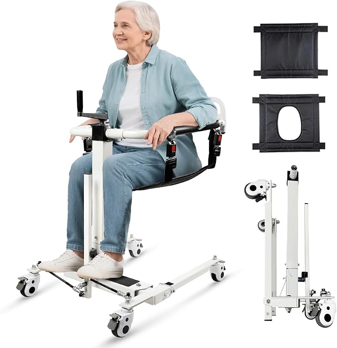 Drexo Patient Lift Transfer Chair, 5 in 1 Patient Lift Chair with 180°Split Seat, Height Adjustable Patient Transfer Chair with 4 Casters for Home Seniors Elderly, Load 450Lbs (Folding, Silver)