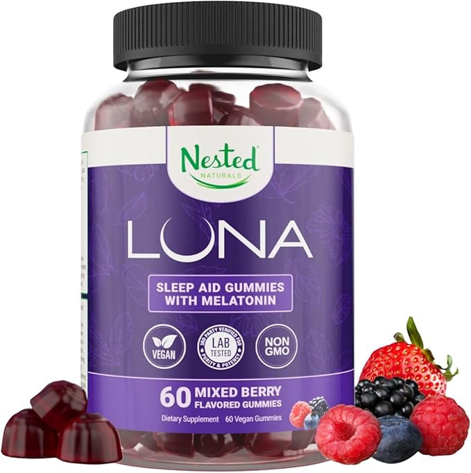Nested Naturals Luna Sleep Gummies - Non-Habit Forming Melatonin Gummies 3mg with L-Theanine, Valerian Root, GABA, and Lemon Balm - Sleep Gummy for Adults - Mixed Berry, 60 Vegan Gummies