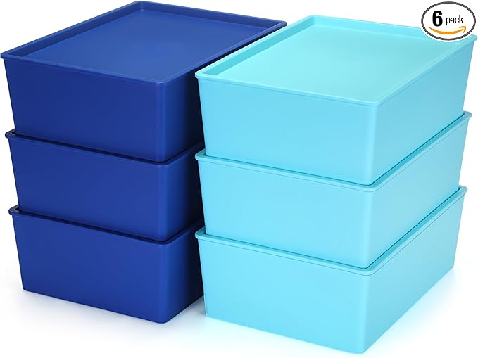 Menkxi 6 Pcs Large Plastic Storage Bins with Lids 14.4 x 10.4 x 5.1 Inch Stackable Storage Containers Decorative Cubby Organizer for Clothes Shelves Garage Closet Office (Blue Series)