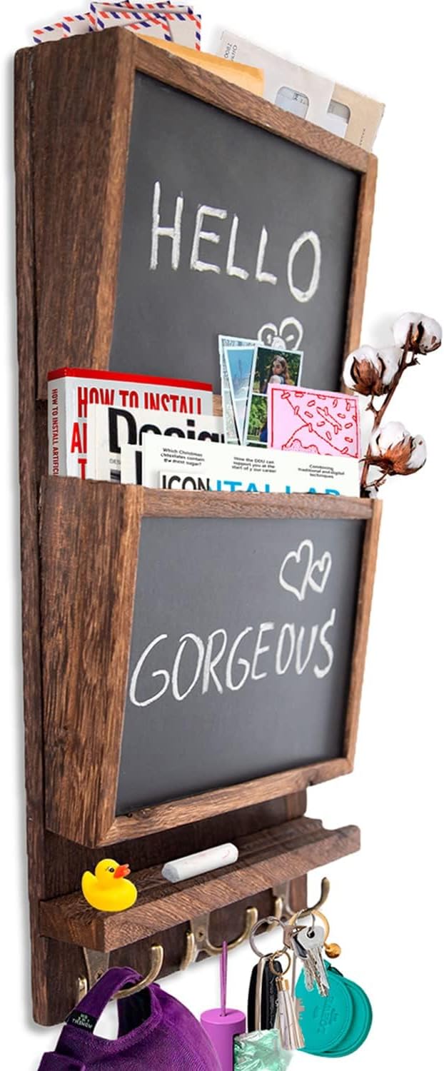 Comfify Rustic 2-Slot Mail Sorter Organizer for Wall with Chalkboard Surface & 3 Double Key Hooks - Wooden Wall Mount Mail Holder Organizer – Entryway Made of Paulownia Wood - Torched Brown