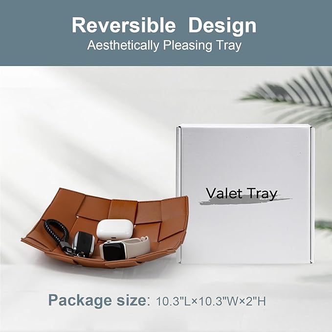 Valet Tray PU Leather Key Holder Bowl for Men and Women Entryway Table Nightstand Catchall Storage Organizer EDC Dump Tray for Wallet, Keys, Coins Men's Gift - Brown, 9.8" L x 9.8" W x 2" H
