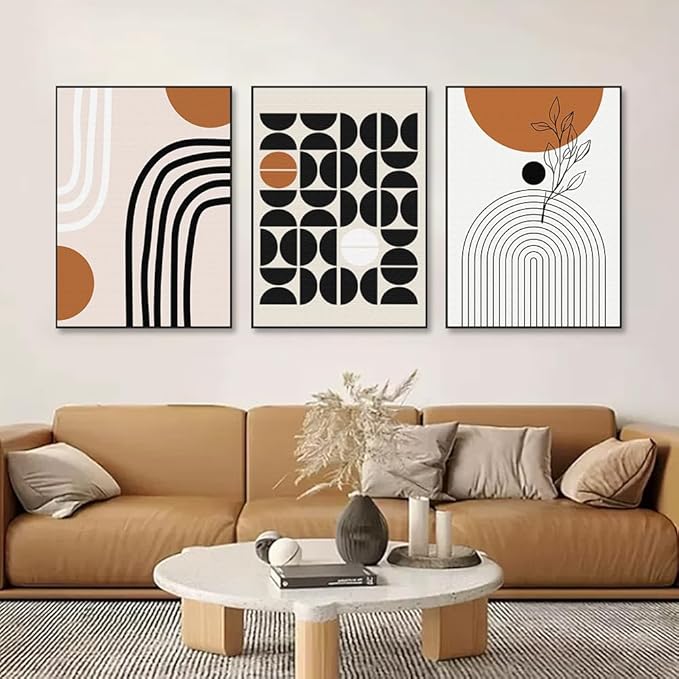 QKF Geometry Abstract Large Frame Canvas Wall Art Living Room Wall Decor Bohemian Black Brown Beige Line Modern Home Decorative Painting For living room Office Bedroom 3-piece Set 24 "X 32"