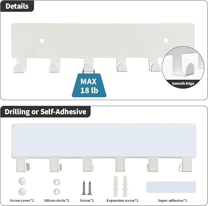 GTK Key Holder for Wall, Key Hooks with 6 Hooks, Wall Mounted Key Holder for Hallway, Self Adhesive Key Rack(White)