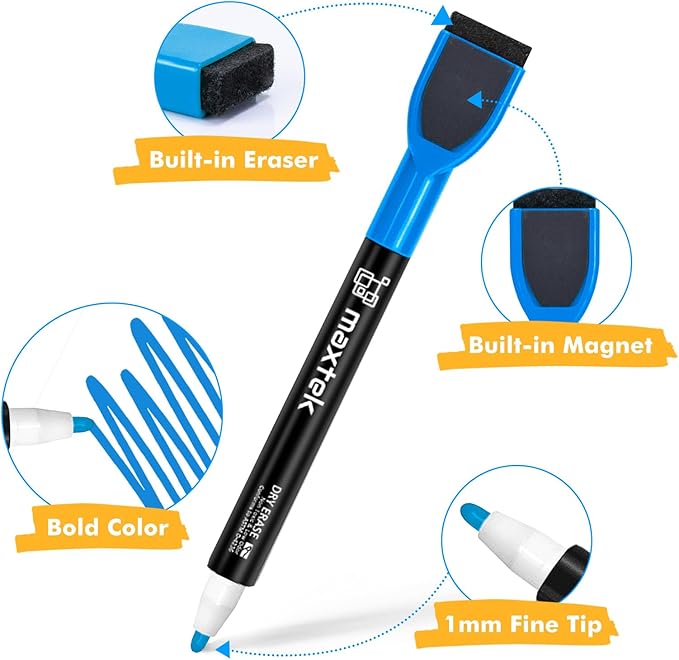 maxtek 24 Count Magnetic Dry Erase Markers, Fine Tip, 12 Colors Whiteboard Markers with Built-in Eraser, Low Odor Thin Markers