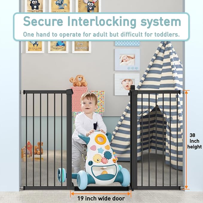 Fairy Baby 38" Extra Tall Baby Gate for Stairs Doorways, 48.9"-54.3" Adjustable Width Pet Dog Gate, Metal Pressure Mounted Auto Close Safety Child Gate for Kids Pets No Drilling, Black